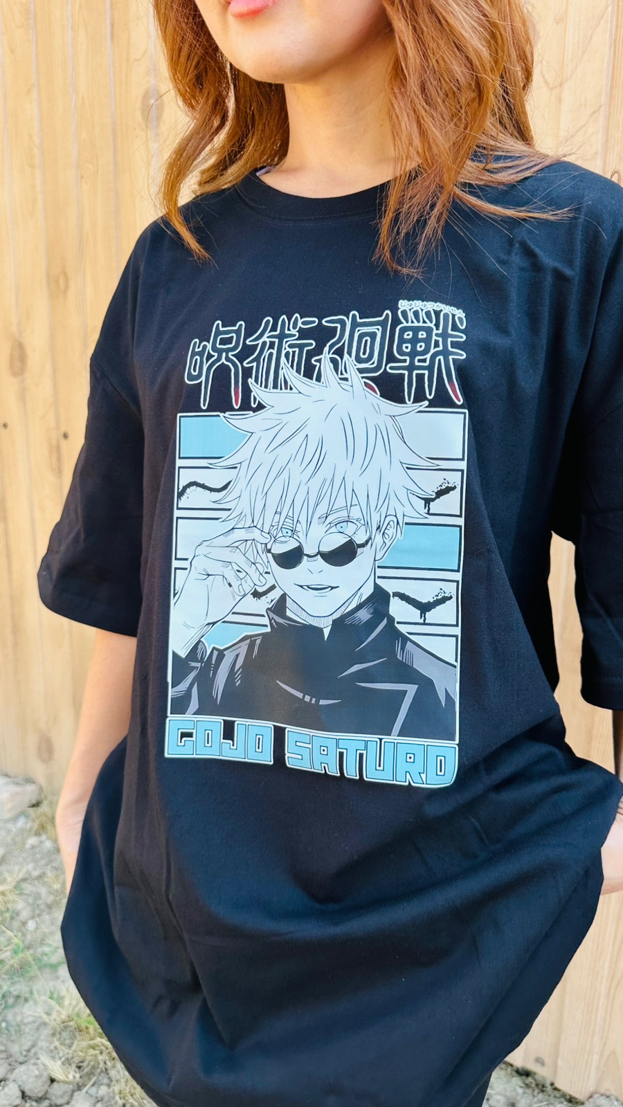Футболка Gojo Satoru (Jujutsu Kaisen) — чёрная oversize, плотный хлопок — фото 4