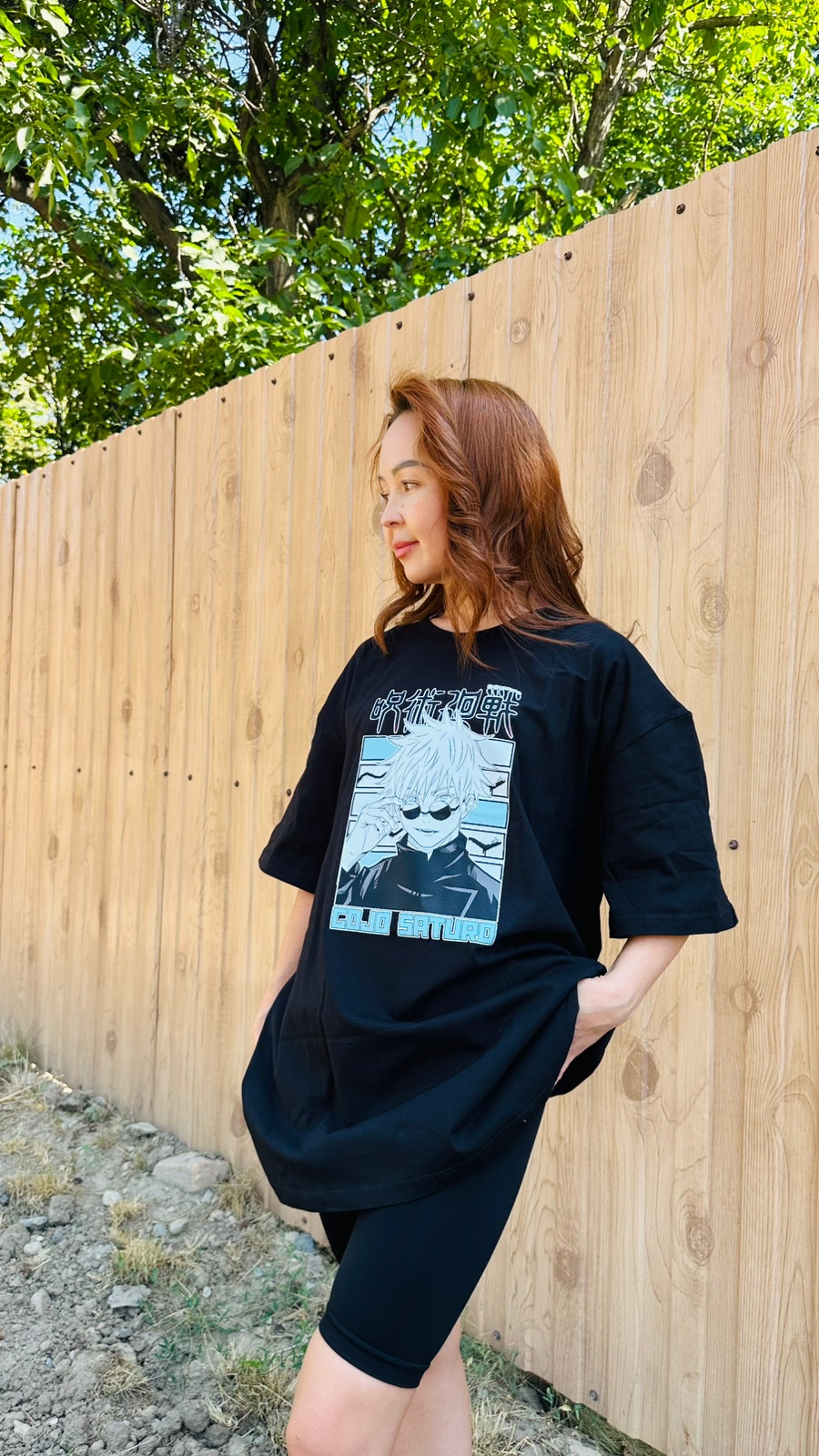 Футболка Gojo Satoru (Jujutsu Kaisen) — чёрная oversize, плотный хлопок — фото 5